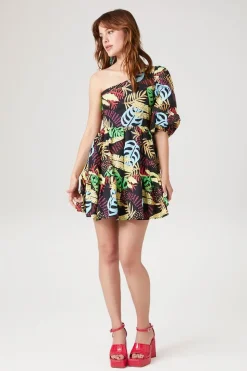One-Shoulder Tropical Print Mini Dress