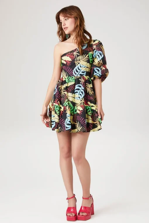 One-Shoulder Tropical Print Mini Dress