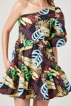 One-Shoulder Tropical Print Mini Dress