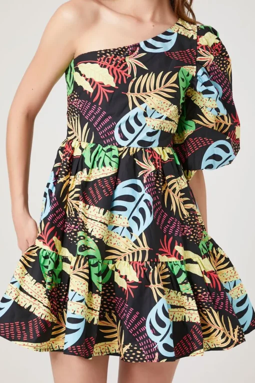 One-Shoulder Tropical Print Mini Dress