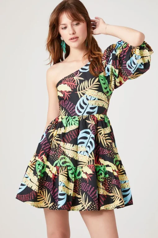 One-Shoulder Tropical Print Mini Dress