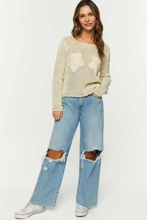 Open-Knit Floral Sweater