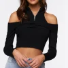 Open-Shoulder Half-Zip Crop Top