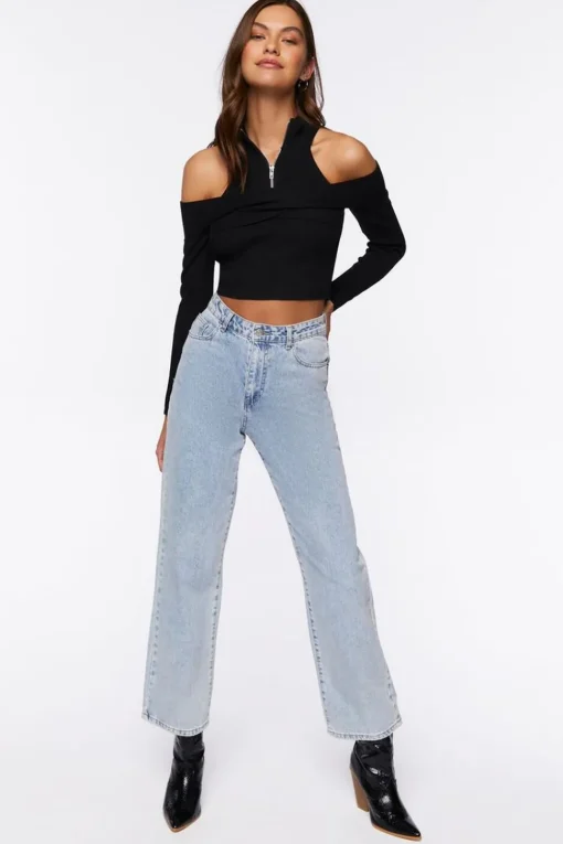 Open-Shoulder Half-Zip Crop Top