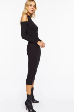 Open-Shoulder Sweater-Knit Midi Dress