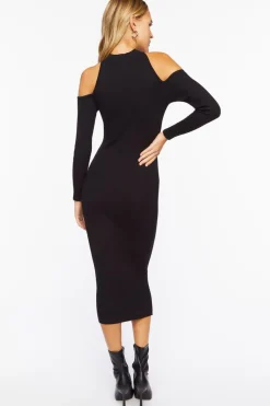 Open-Shoulder Sweater-Knit Midi Dress