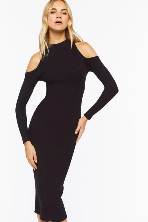 Open-Shoulder Sweater-Knit Midi Dress