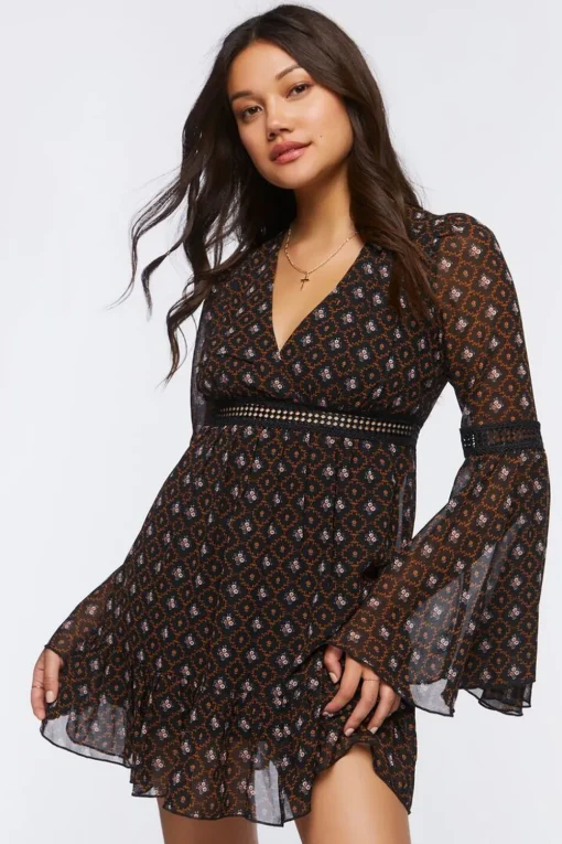 Ornate Floral Chiffon Mini Dress