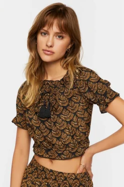 Ornate Print Puff-Sleeve Crop Top
