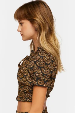 Ornate Print Puff-Sleeve Crop Top