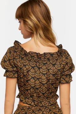 Ornate Print Puff-Sleeve Crop Top