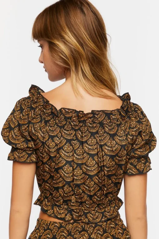 Ornate Print Puff-Sleeve Crop Top