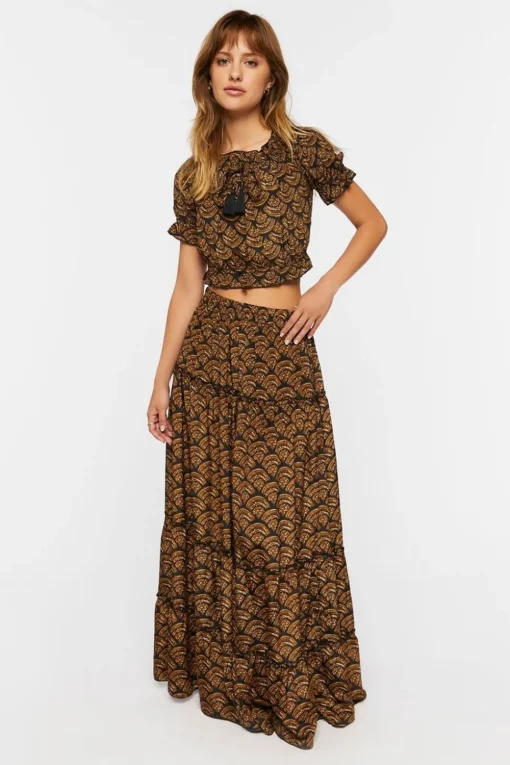 Ornate Print Puff-Sleeve Crop Top