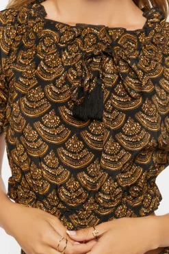 Ornate Print Puff-Sleeve Crop Top
