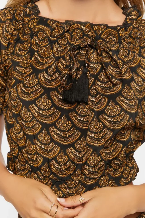 Ornate Print Puff-Sleeve Crop Top
