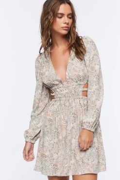Paisley Peasant-Sleeve Mini Dress