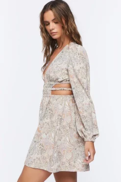 Paisley Peasant-Sleeve Mini Dress