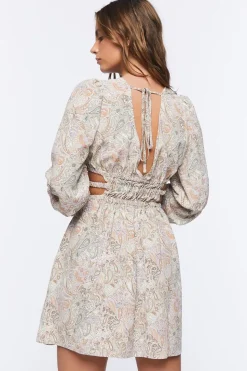 Paisley Peasant-Sleeve Mini Dress