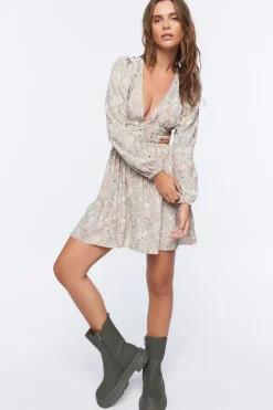 Paisley Peasant-Sleeve Mini Dress