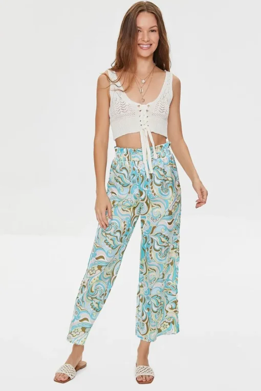 Paisley Print Paperbag Satin Pants