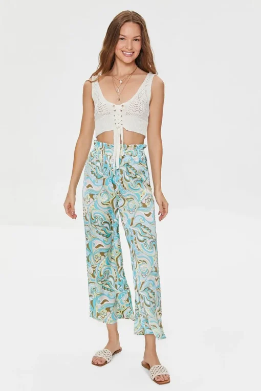 Paisley Print Paperbag Satin Pants