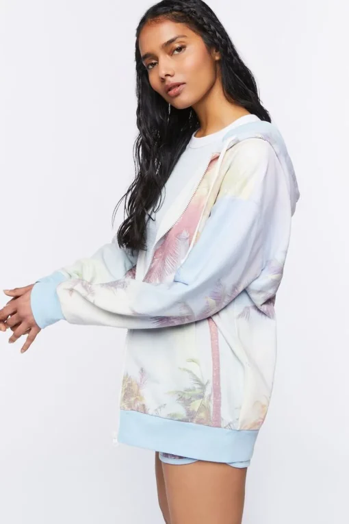 Palm Tree Print Zip-Up Hoodie