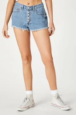 Pearl Button Denim Mom Shorts