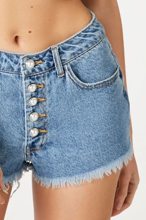 Pearl Button Denim Mom Shorts
