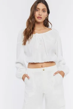 Peasant-Sleeve Ruched Crop Top
