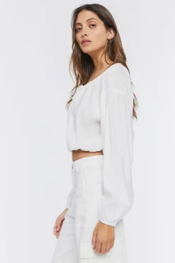 Peasant-Sleeve Ruched Crop Top
