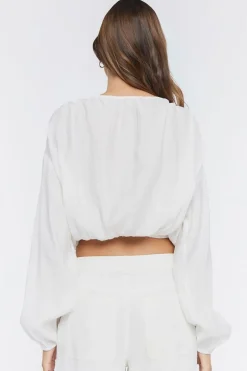 Peasant-Sleeve Ruched Crop Top