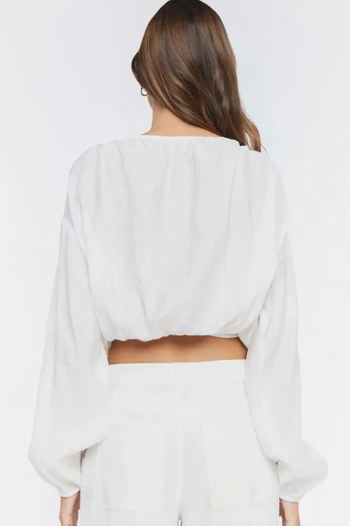 Peasant-Sleeve Ruched Crop Top