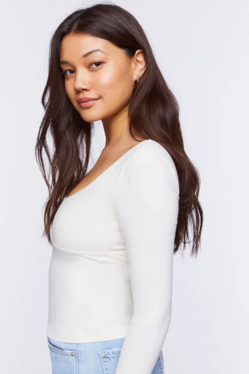 Picot-Trim Long-Sleeve Top