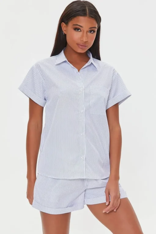 Pinstriped Pajama Shirt & Shorts Set