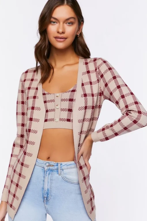 Plaid Cami & Cardigan Sweater Set
