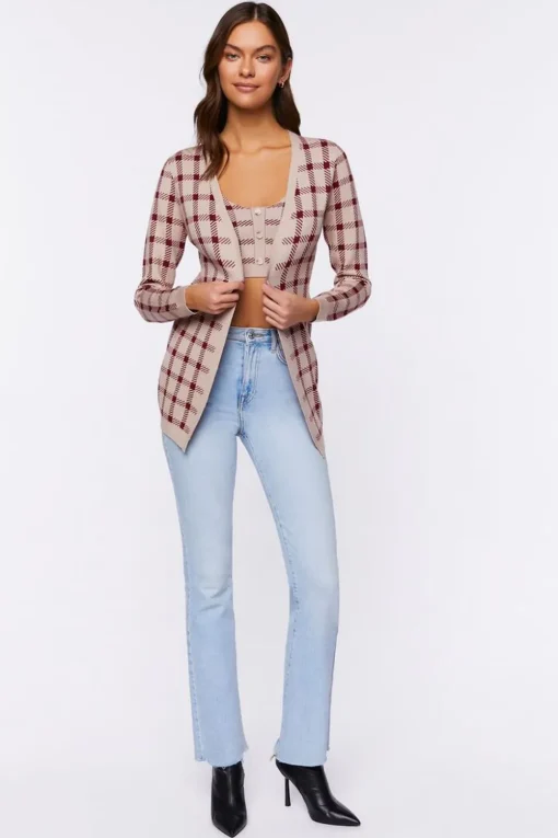 Plaid Cami & Cardigan Sweater Set