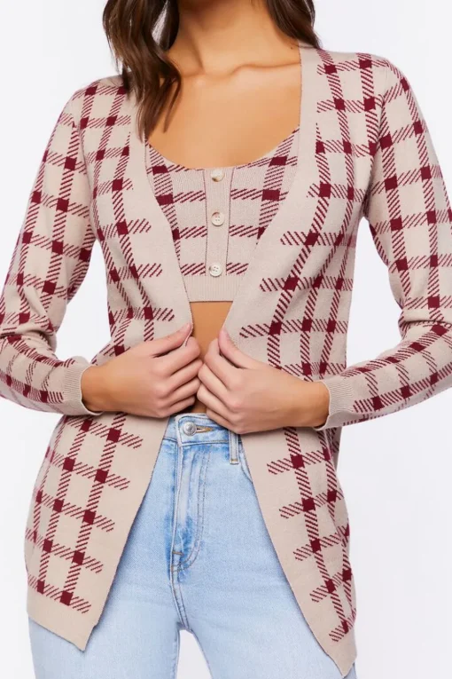 Plaid Cami & Cardigan Sweater Set
