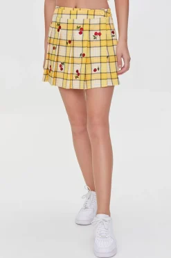 Plaid Cherry Embroidered Skort