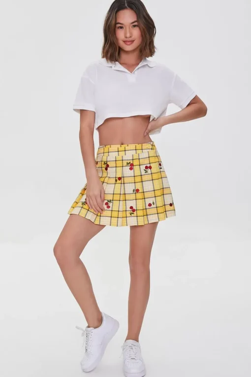 Plaid Cherry Embroidered Skort