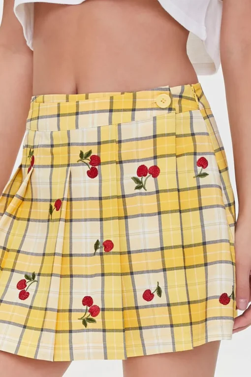 Plaid Cherry Embroidered Skort