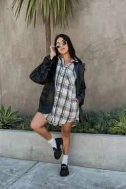 Plaid Dolphin-Hem Shirt Dress