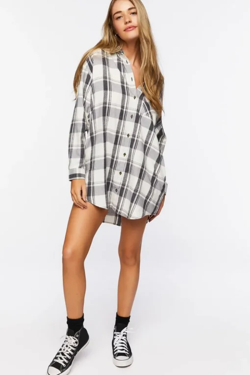 Plaid Dolphin-Hem Shirt Dress