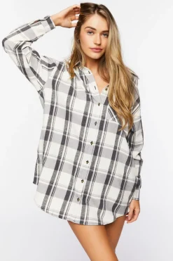 Plaid Dolphin-Hem Shirt Dress