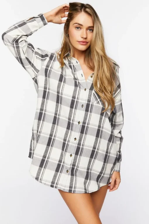 Plaid Dolphin-Hem Shirt Dress