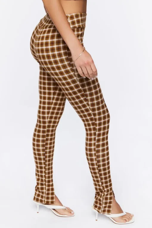Plaid Ponte Knit Split-Hem Pants