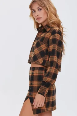 Plaid Shirt & Buttoned Skirt Set