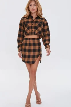 Plaid Shirt & Buttoned Skirt Set