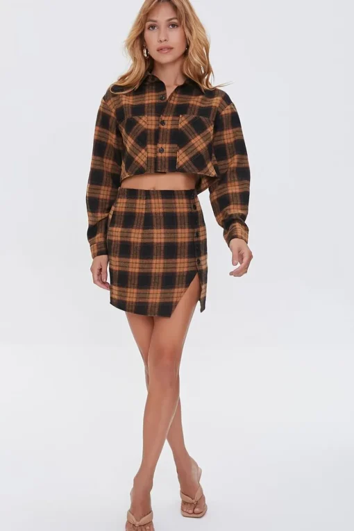 Plaid Shirt & Buttoned Skirt Set