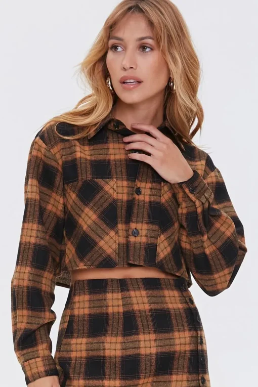 Plaid Shirt & Buttoned Skirt Set