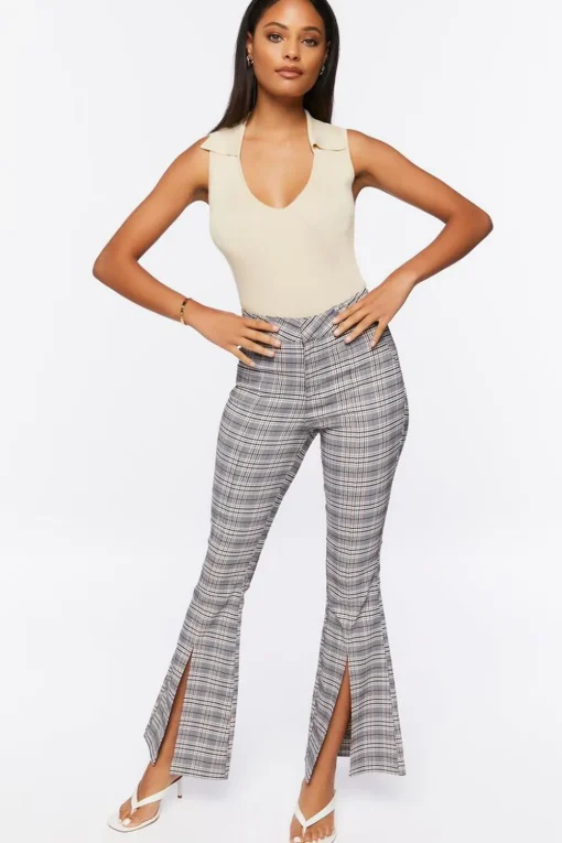 Plaid Split-Hem Flare Pants